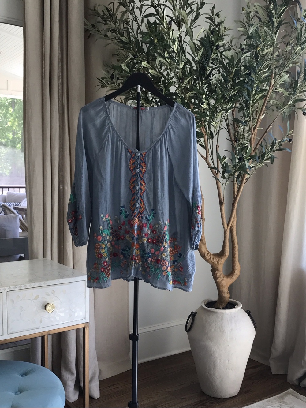 Johnny Was Light Blue Embroidered V-Neck Tunic